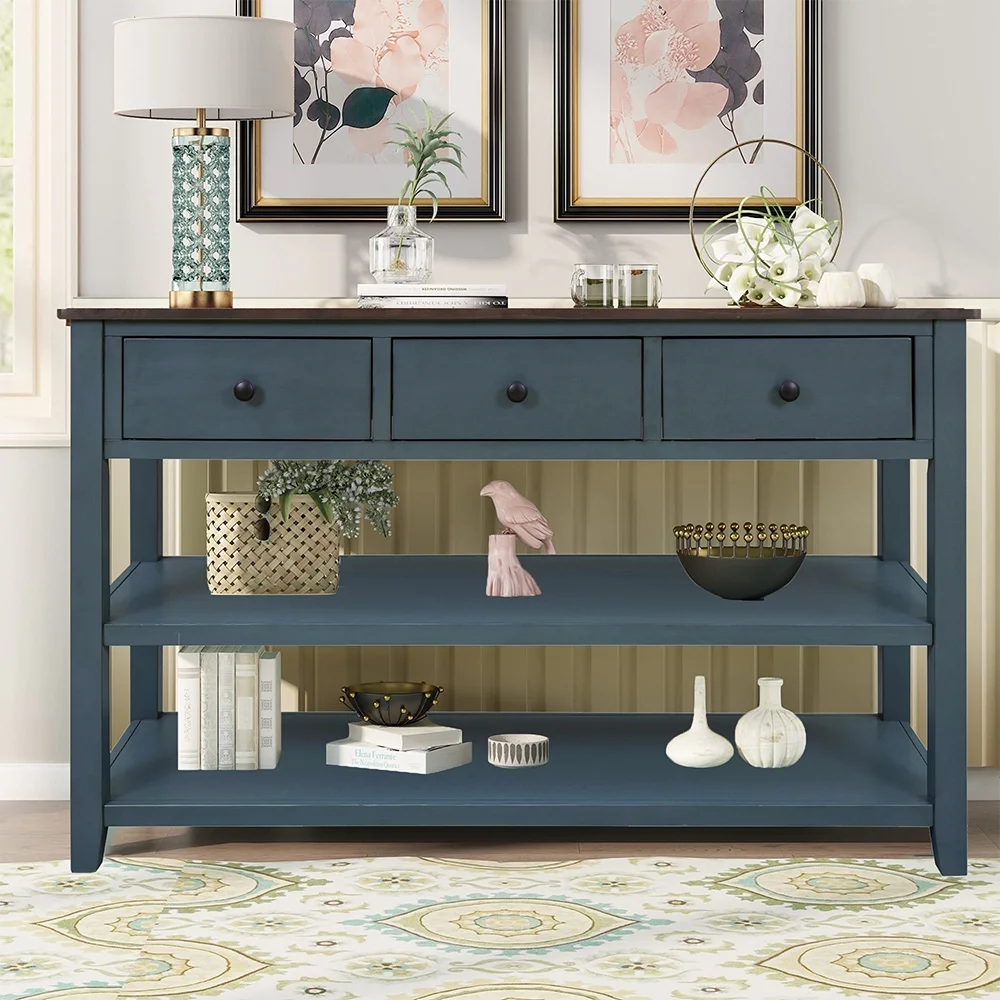KAMIDA Storage Console Table, Modern Console Table with 3 Drawers and 2 Shelves, Rectangular Buffet Sideboard, Wooden Storage Table, Distressed Console Table for Kitchen Living Room Entryway, Navy