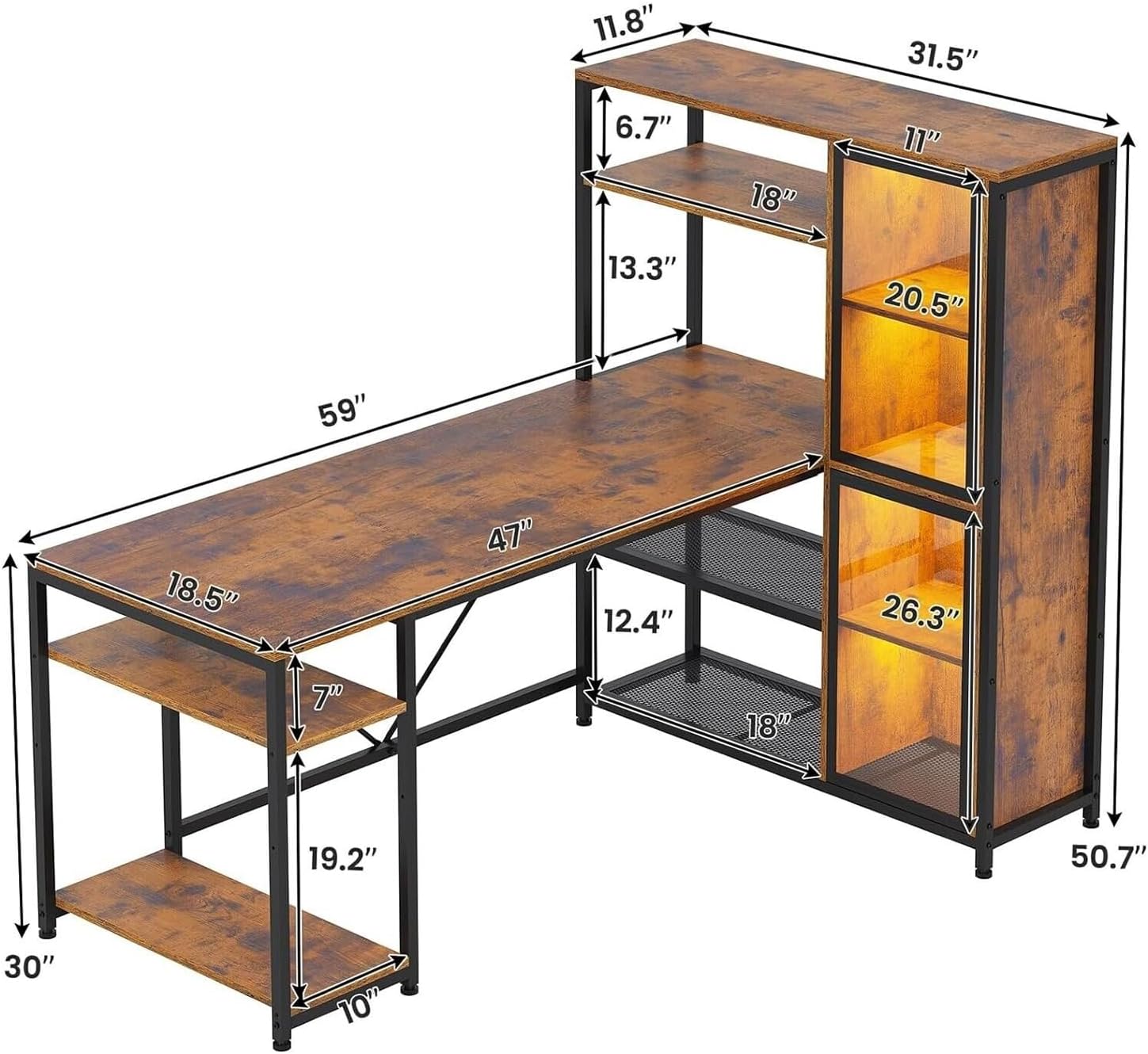 New Modern Rustic Brown L Shaped Desk Gaming Computer LED Light Bookshelf Corner Desk Storage Shelves Wood Display Cabinet Study Home Office 59”L x 31.5”W x 50.7”H of Set