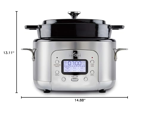 All-Clad 5 Quart 7-in-1 Electric Slow Cooker with Stainless Steel and Cast Iron, 1200W - Black Enamel Crock