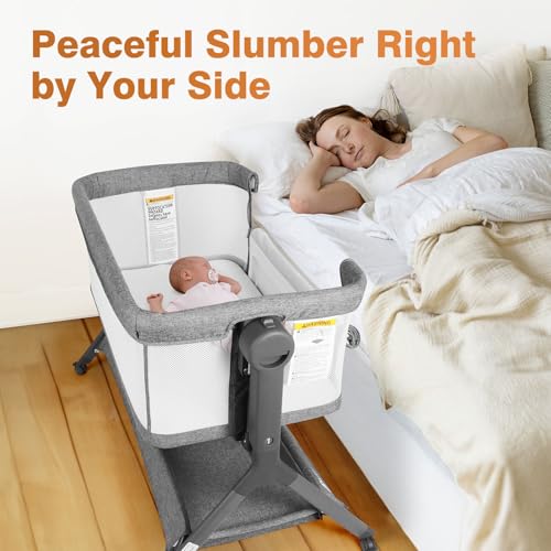 3-in-1 Baby Bassinet, Bedside Bassinet Sleeper, Rocking Bassinet with Comfy Mattress&Breathable Mesh, 6-Height Adjustable, Quiet Moveable & Easy-Assembly Grey Crib, 0-5 Months Baby