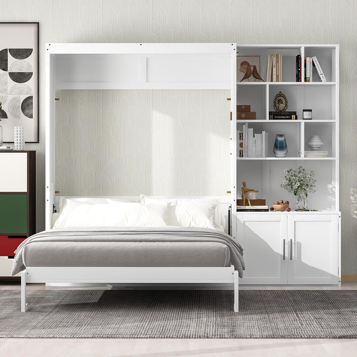 Full Size Murphy Bed with Tall Storage Cabinet & Shelves, Modern Cube Folding Bedframe with Wooden Slat Supports, Space-Saving Design, Ider for Bedroom, Guest Room, Apartment, white