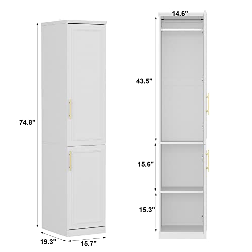 FAMAPY 2 Door Wardrobe Closet, Tall and Narrow Armoire Wardrobe Closet with Hanging Rod, Gold Metal Handles, Bedroom Armoire Closet White (15.7”W x 19.3”D x 74.9”H)