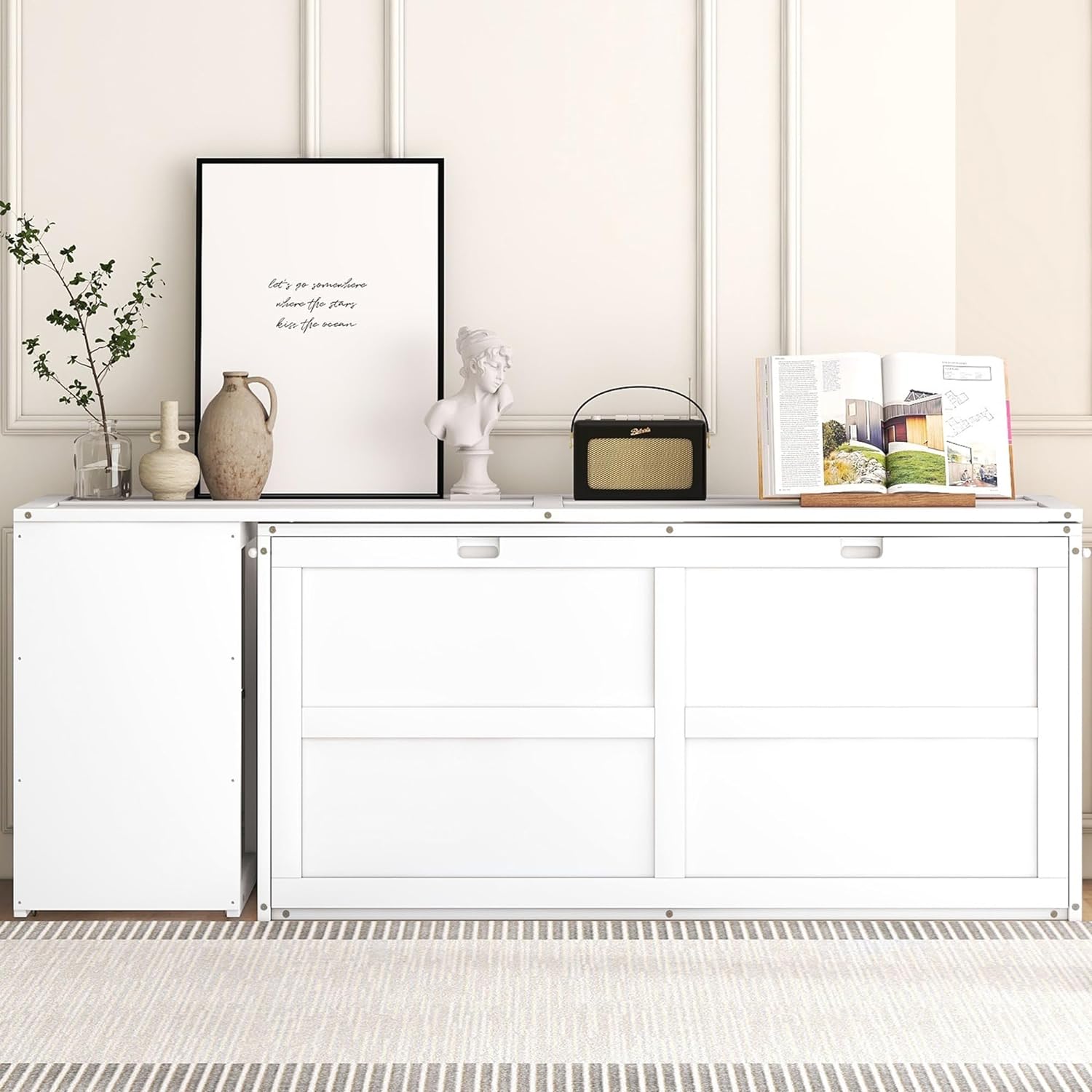 Queen Size Murphy Bed with Rotating Desk, White Finish - Space Saving Furniture 120x80.50x31.70 in.