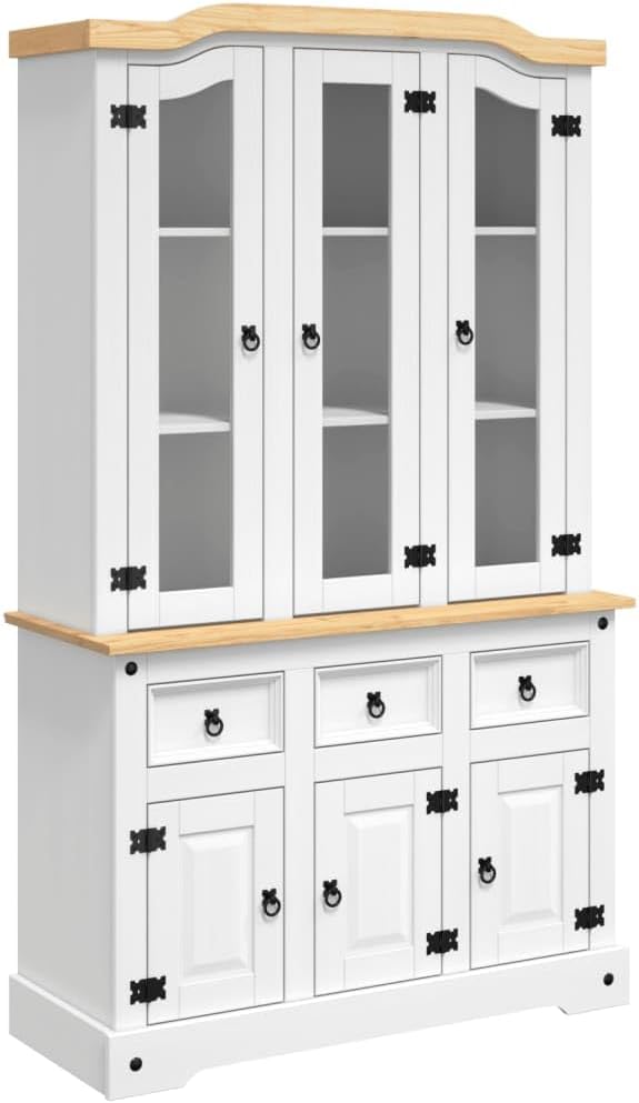 Kitchen Pantry Storage Cabinet, Freestanding Hutch Cabinet Buffet Cupboard, Utility Pantry with 3 Drawers and 6 Doors, Tall Kitchen Cabinet for Dining Room, White 44.1