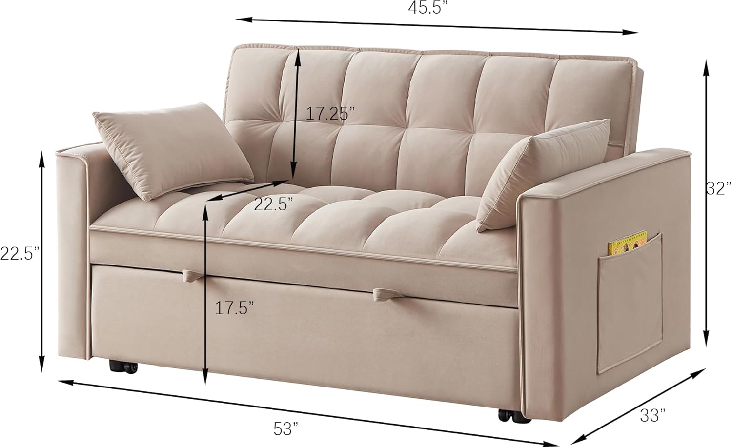 3 in 1 Multi-Functional Futon Loveseat Pull Out Couch Bed, Convertible Sleeper Sofa Bed with Adjustable Backrest and Pillows , 2 Seater Love Seat Lounge Chaise for Living Room Office RV Furniture