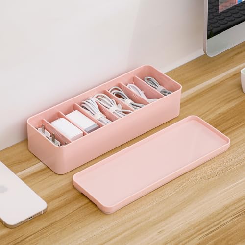 2 Pack Cord Organizer Box with Adjustable Compartments, Plastic Cable Storage Case with Lid for Desk Drawer Accessories, Stationery, USB, Phone Charger, Battery, Makeup Container (Clear)