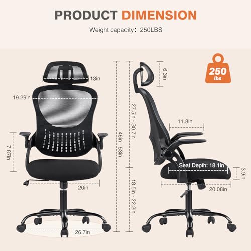 Sweetcrispy Office Computer Desk Chair, Ergonomic High-Back Mesh Rolling Work Chairs with Wheels and Adjustable Headrests, Comfortable Lumbar Support, Comfy Flip-up Arms for Home,Bedroom,Study, Pink