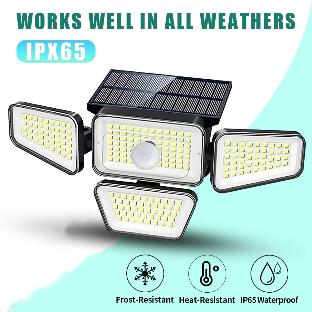 270 LED Solar Flood Light, MDHAND 4 Heads Solar Lights Outdoor IP65 Waterproof Flood Light, 270° Wide Angle Illumination Wall Motion Sensor Spotlight for Garage Yard Porch Entryway Garden Patio