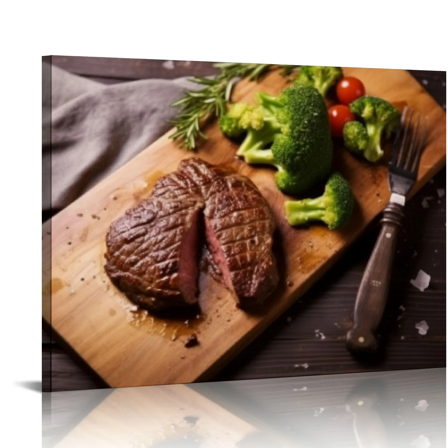 GOSMITH Medium Rare Grilled Beef Steak Ribeye With Broccoli On Cutting Board On Wooden Background Canvas Prints Poster Wall Art For Home Office Decorations With Framed