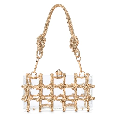 Rhinestone Purse Clear Acrylic Clutch with Glitter Diamond Knotted Rope for Women, Bling Hard Box Evening Bag