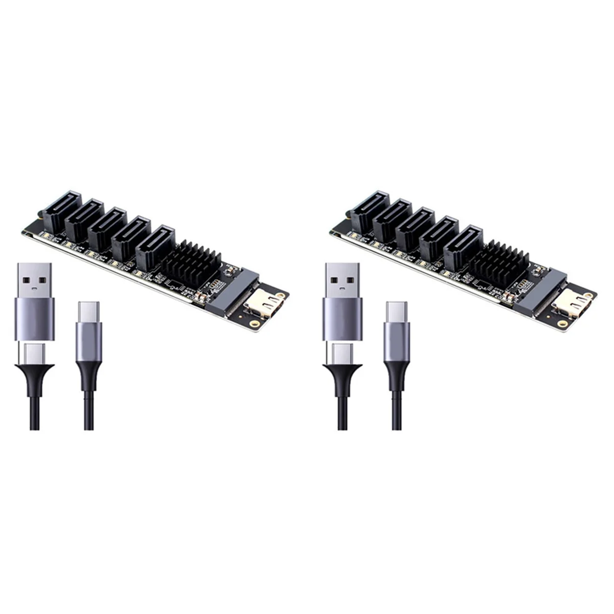 2X TYPE-C to SATA3.0 5 Ports Adapter Converter Card 6Gbps USB10G JM575+JMS580 for SSD HDD Expansion,2 x Expansion Card 2 x Data Cable,Black