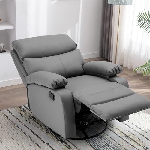 Swivel Rocker Recliner Chair for Adults, Genuine Leather Recliner Chair, Rocking Recliner Chair, Single Sofa Small Recliner for Living Room, RV, Nursery, Dark Grey