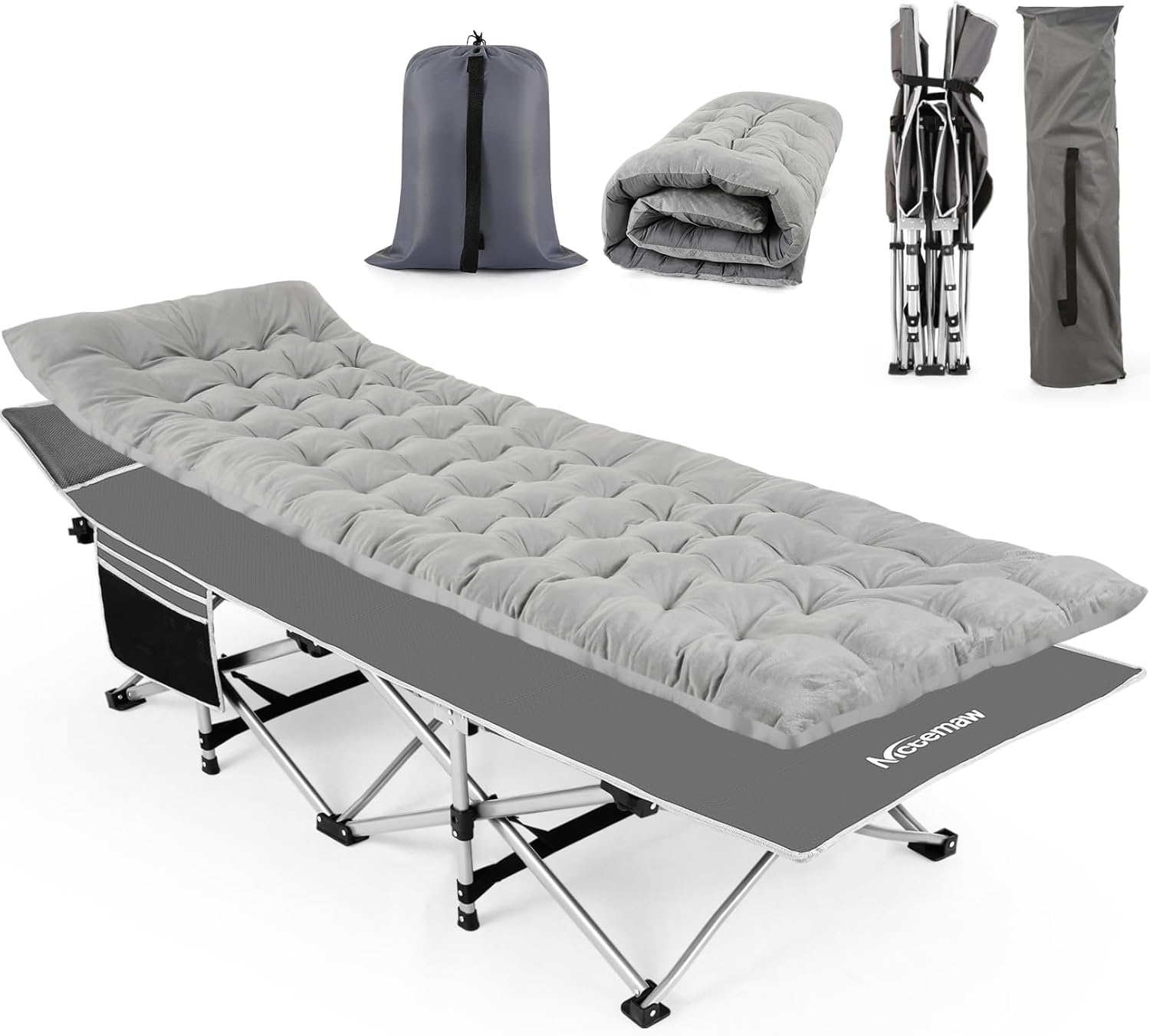 Nictemaw Folding Camping Cot, Portable Camping Cot for Adults, 900LBS Heavy Duty Sleeping Cots with Carry Bag, Double Layer Oxford Portable Travel Camp Cots for Outdoor Home-Upgraded Velvet Pad-Grey