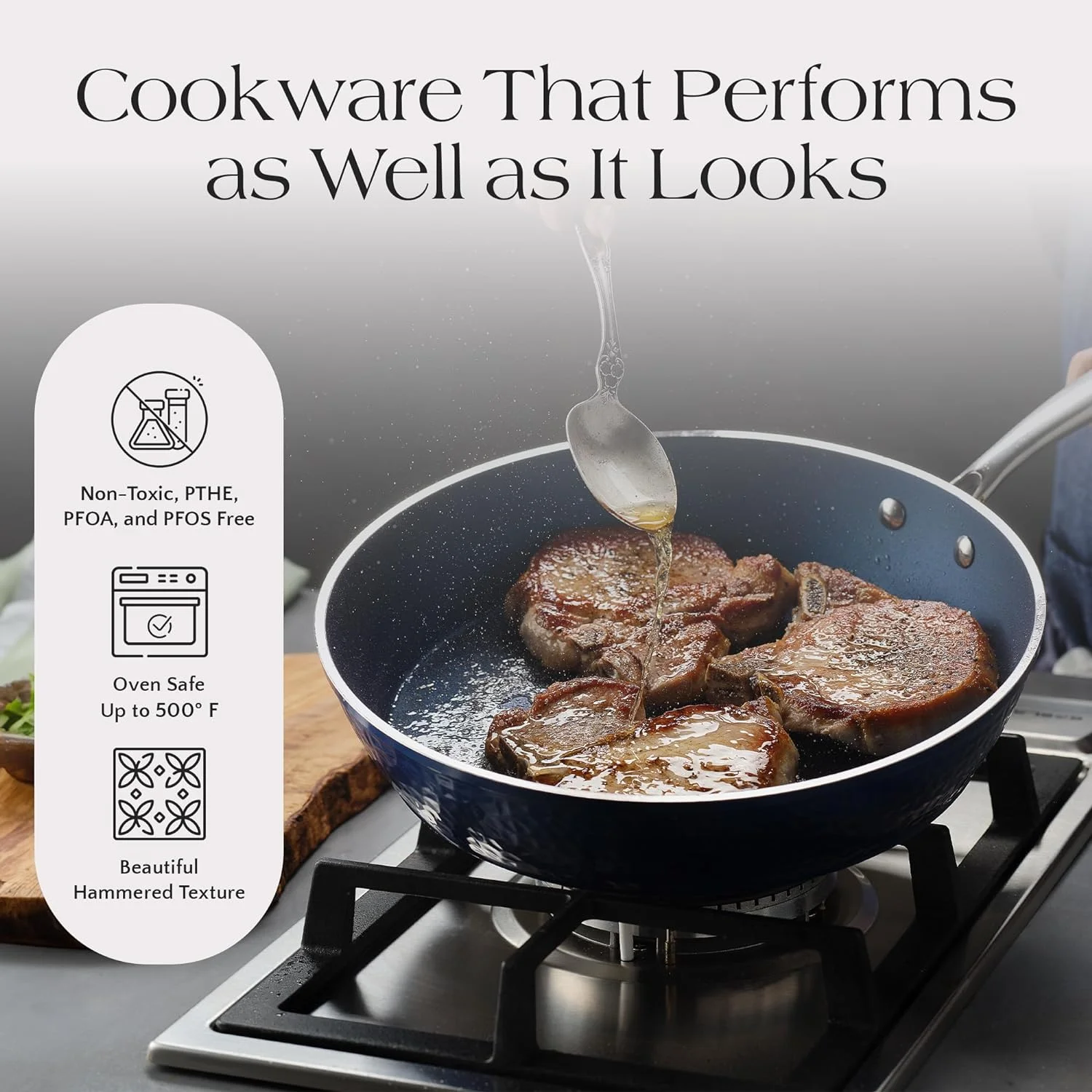 Blue Hammered Collection - Non-Toxic, Non-Stick Ceramic 10 Piece Cookware Set With Glass Lids, Scratch-Resistant, Oven Safe With Upgraded Handles, Safe Pan For All Stovetops