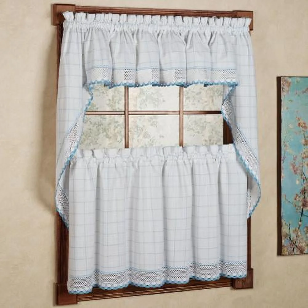 Sweet Home Collection Cotton Classic White/ Blue Window Pane Pattern and Crotchet Trim Tiers, Swags and Valance Options 38 x 60 swag