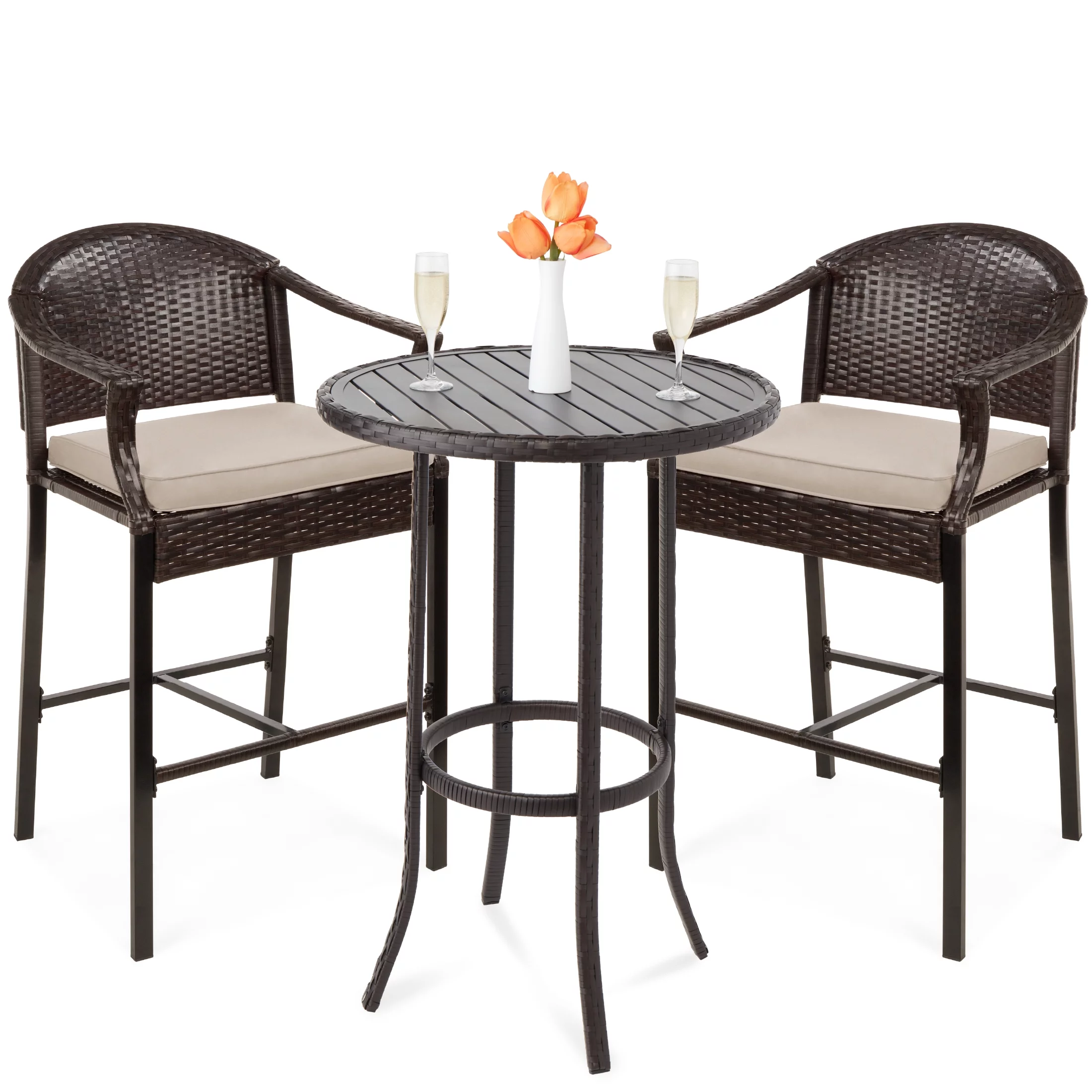 Best Choice Products 3-Piece Outdoor Wicker Patio Bar Table Bistro Set w/ Barstools, Steel Frame - Brown/Beige