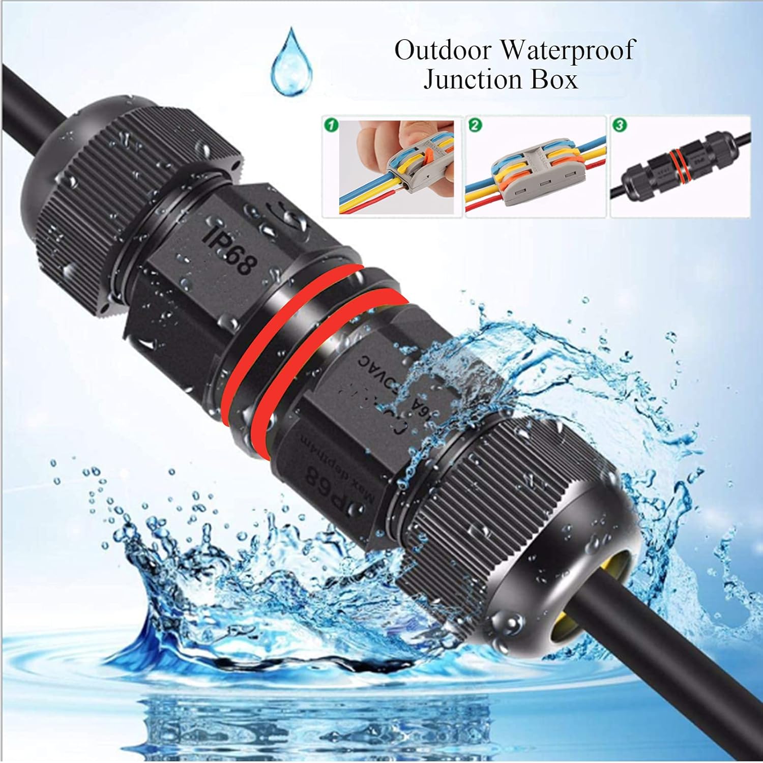 Upgraded 4 Pack Junction Box Outdoor Waterproof IP68, 3 Pole Wire Connector, External Sleeve Coupler Cable Range 0.16-0.39 Inch (4-10 mm) Black