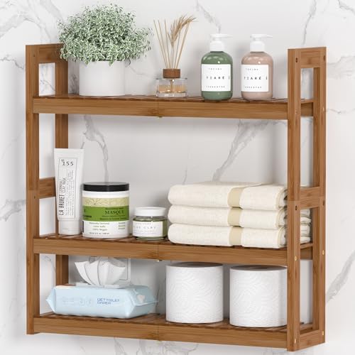 Domax Bathroom Shelves Over The Toilet Storage Shelf - 3 Tier Wall Mount Bamboo Bathroom Shelf Organizer Multifunctional Adjustable Layer Free Standing Utility Shelves for Bathroom Living Room Kitchen
