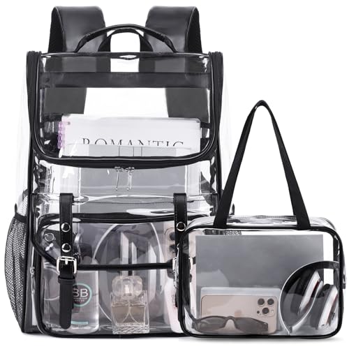 Clear Backpack with Clear Bag Set, Leather Clear Backpack Heavy Duty Thick PVC Clear Bookbag Large See Through Transparent Backpack with Support Pad for Women Men Girl Boy College Work Black