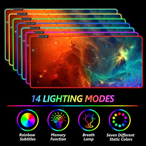 AIMSA RGB Gaming Mouse Pad Large, Keyboard Mousepad Led Extended 35.4 x 15.8 inch Non-Slip Rubber Base with 14 Lighting Modes, Big Desk Mat Waterproof, White Rainbow