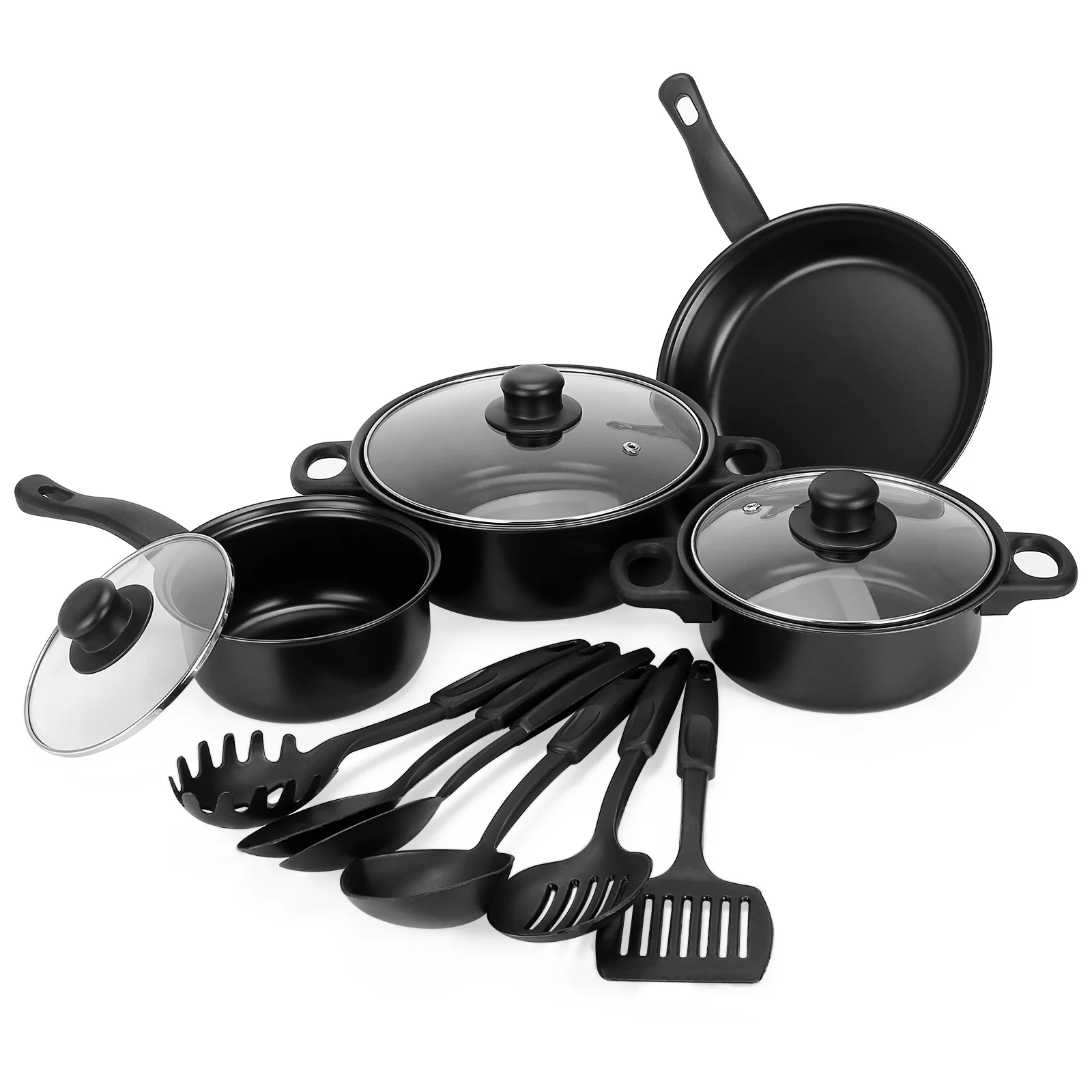 SSAWcasa Non-Stick Cookware Set, Small Portable Cast Iron Pots and Pans with Glass Lids and Nylon Utensils for Outdoor Cooking - 13 Piece Set, Black