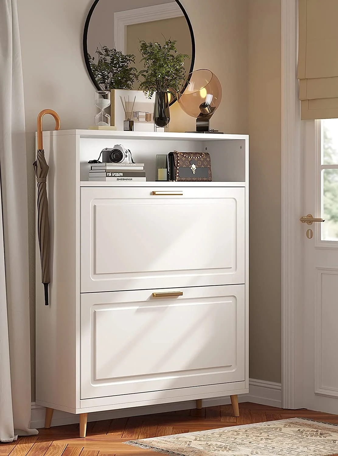 Shoe Cabinet for Entryway Slim Entryway Shoe Storage Cabinet with 2 Flip Drawers Size up to Men's 13 White Narrow Shoe Cabinet Freestanding Hidden Shoe Cabinet with Doors Open Shelves