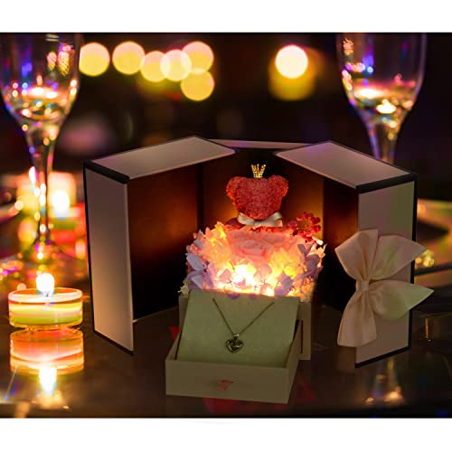 Preserved Rose Moss Bear with I Love You Necklace Roses Gifts for Women Girlfriend Wife Mom Grandma Christmas Valentines Mothers Day Birthday Anniversary Wedding