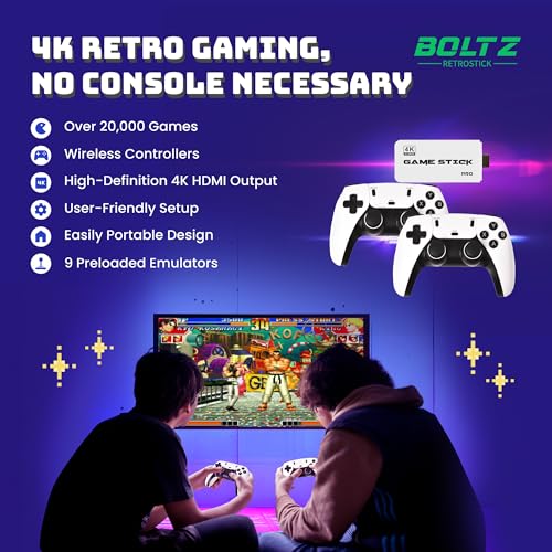 Boltz Retro Stick Gaming Stick – Retro Gaming Console with 40,000+ Classic Video Games, 9 Emulators, 256GB Storage, Plug & Play 4K HDMI Output, Includes 2 Wireless 2.4GHz Controllers