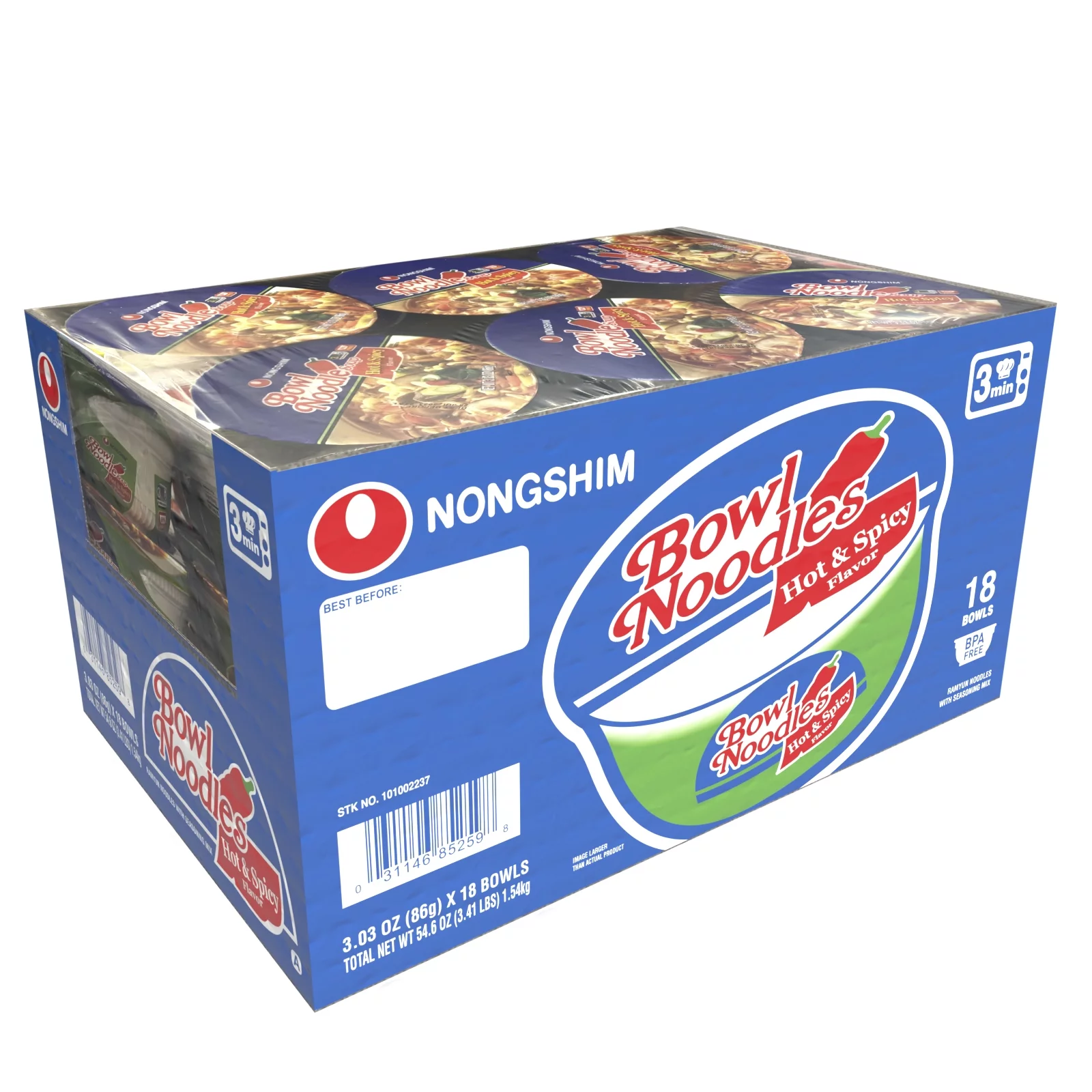 Nongshim Bowl Noodle Hot & Spicy Beef Ramyun Ramen Noodle Soup Bowl, 3.03oz X 18 Count