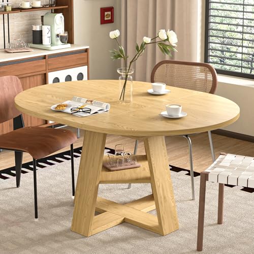 43.3in-59in Extendable Round Dining Table for 4-8,Modern Kitchen Oval Dining Table with Removable Leaves Space Saving,Wood Base with Storage Shelf for Kitchen Living Room (Walnut)
