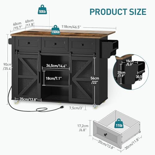 Kitchen Island with Storage, Kitchen Cart with Charging Station, Rolling Kitchen Island Table with Drop-Leaf, 3 Drawers, Barn Doors, Towel Rack and Spice Rack, White and Walnut