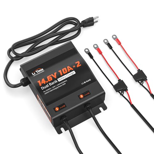 LiTime 2-Bank 10A (10A/Bank) Dual Smart Battery Charger, 14.6V LiFePO4 Battery Charger AC-DC Charger with Fuse, LED Indicator for RV, Boat, Motorcycle, Lawn Mower, Trolling motor and Lead Acid Battery