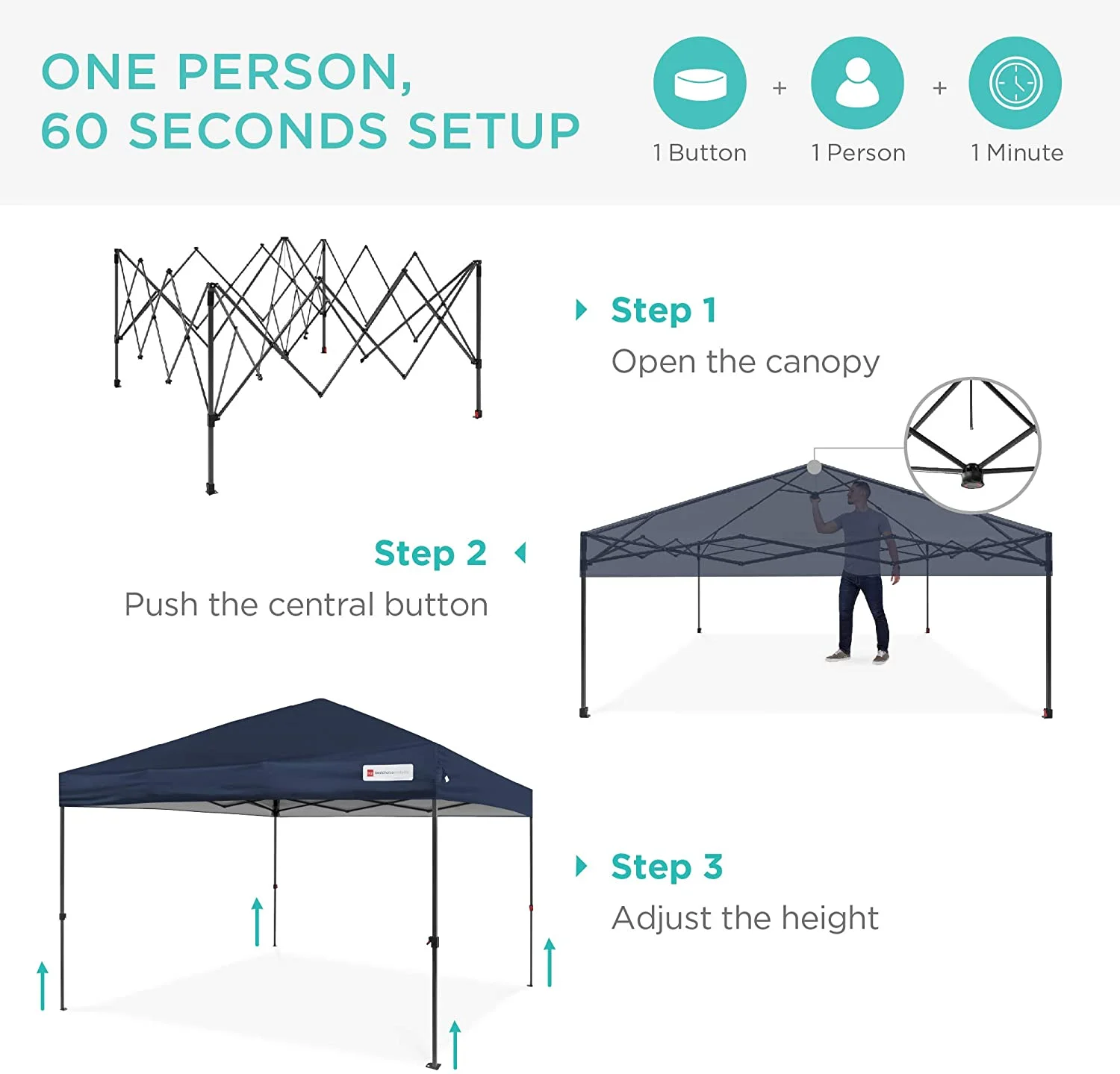 10x10ft 1-Person Setup Pop Up Canopy Tent Instant Portable Shelter w/ 1-Button Push, Straight Legs, Wheeled Carry Case, Stakes - Blue
