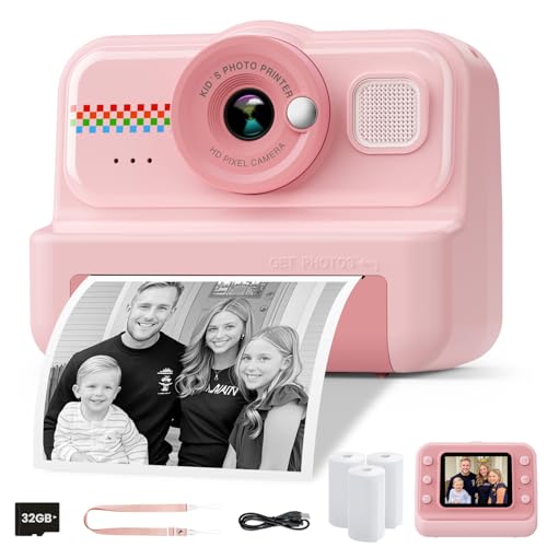 Kids Instant Print Camera, 1080P HD Kids Camera Instant Print with 3 Rolls Print Paper & 32GB Card, Ideal Kids Toys Gifts for Boys & Girls Age 3-14 (Black)