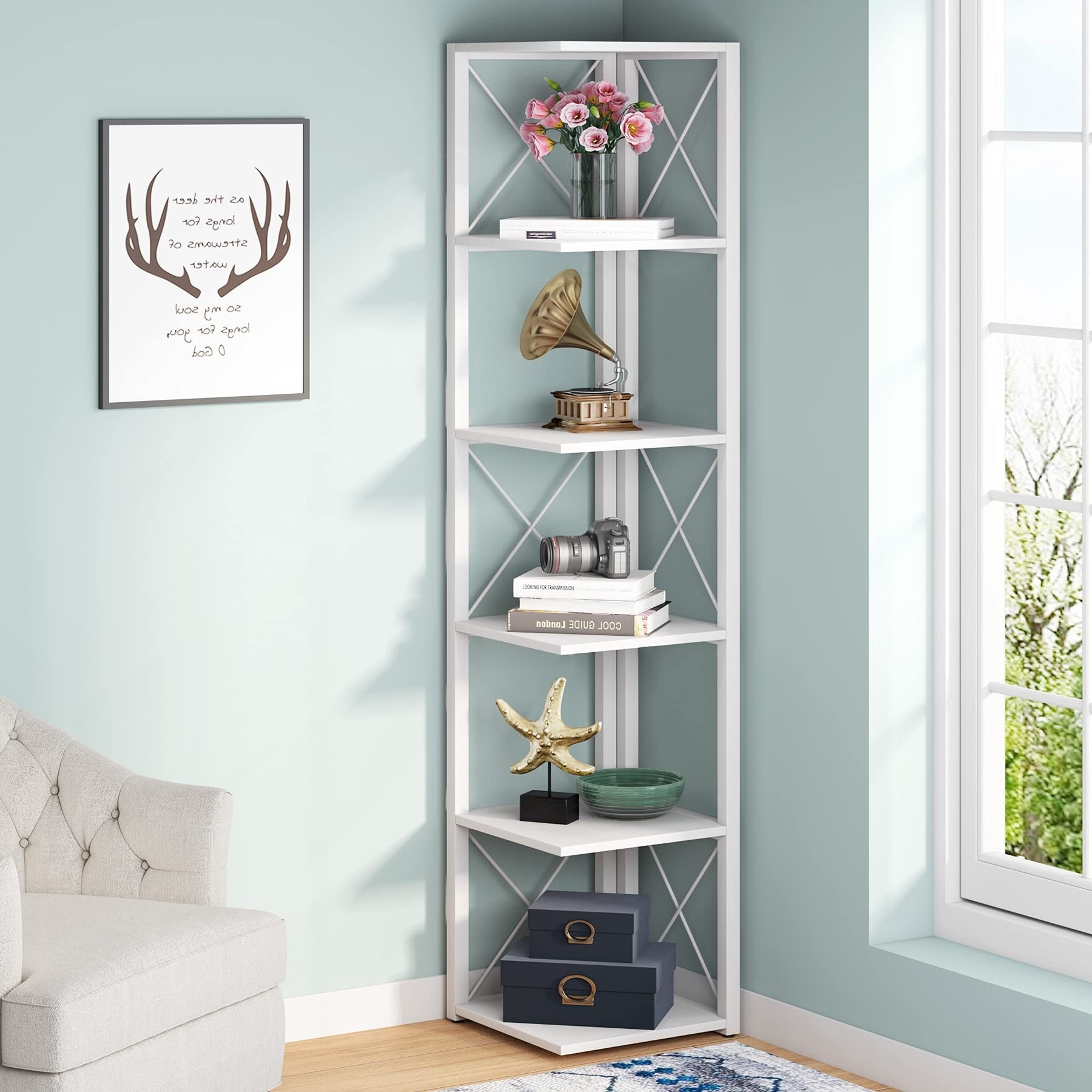 6-Tier Corner Shelf, 70.8 Inch Tall  Corner Bookshelf Etagere Bookcase for Living Room Assembly Required Brown Modern & Contemporary