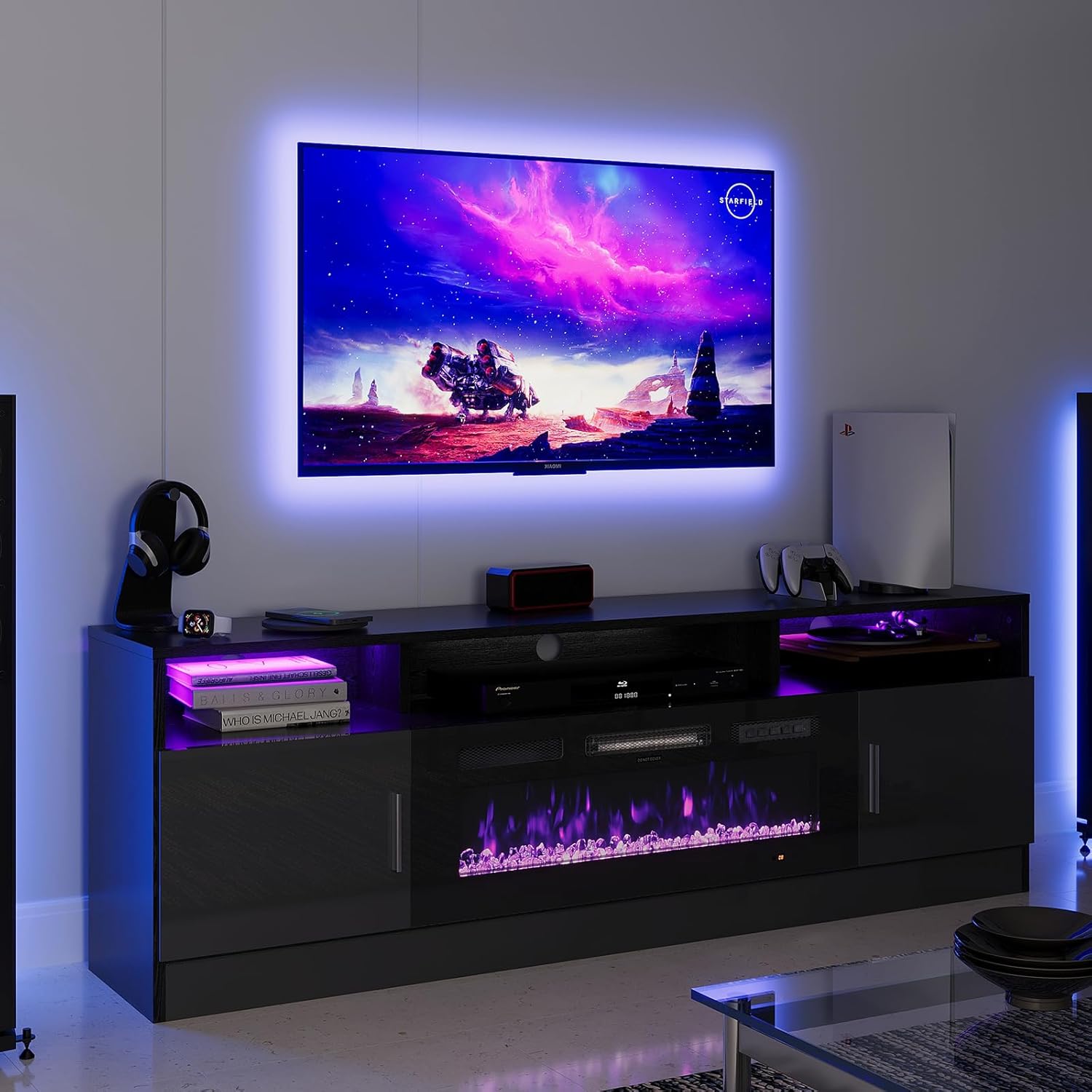 oneinmil Fireplace TV Stand with 36” Electric Fireplace, 70” Fireplace Entertainment Center LED Lights, 2 Tier TV Console for TVs Up to 80