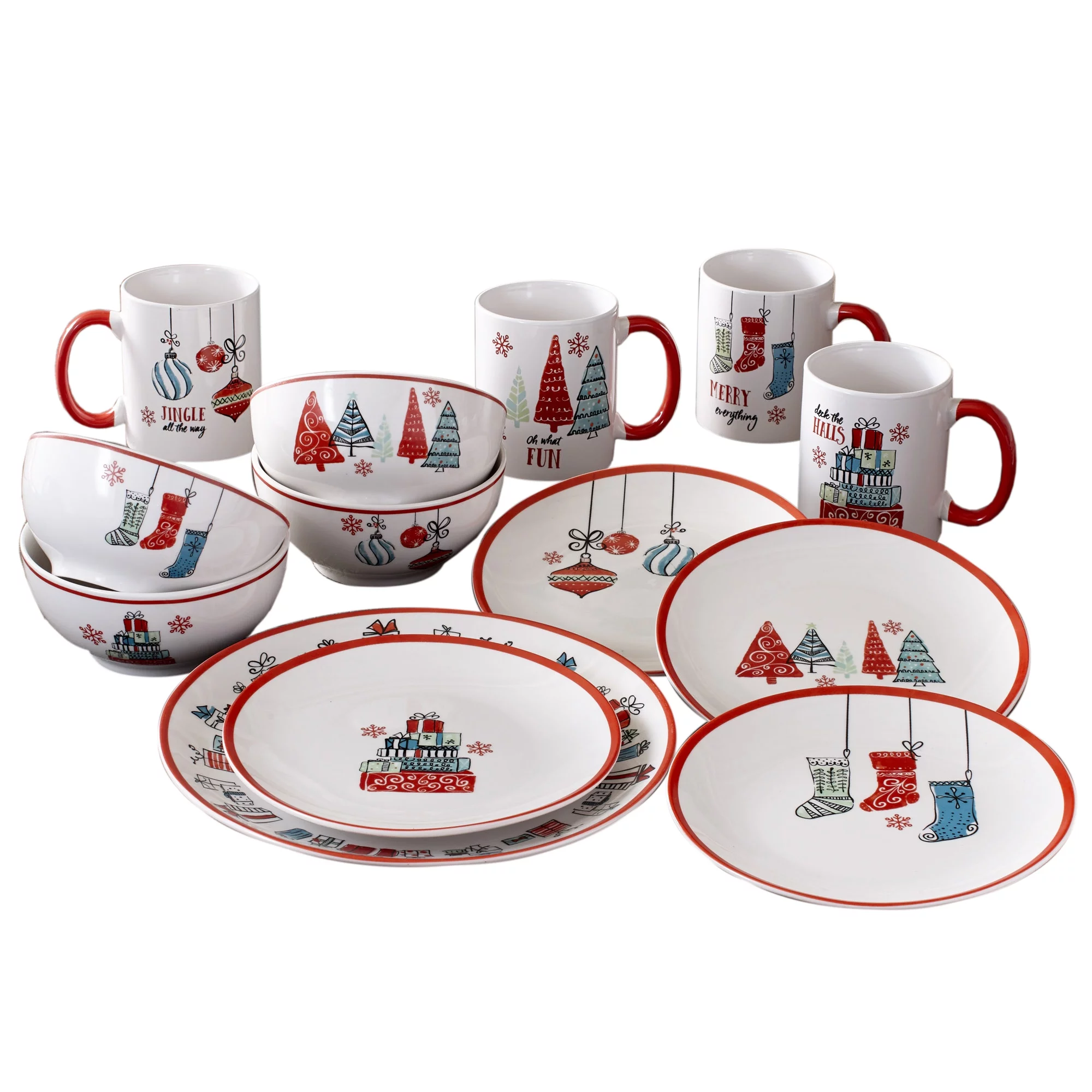 American Atelier, Round, Holiday Gift White Porcelain Christmas Dinnerware Set, 16-Piece