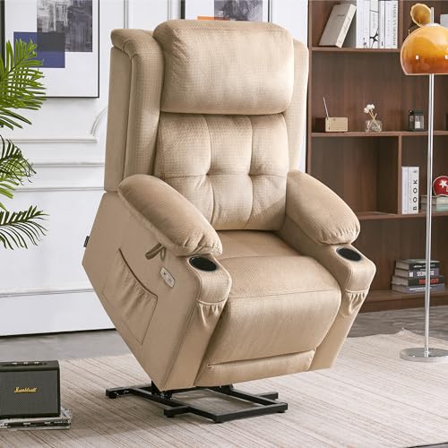 MCombo Large Dual Motor Power Lift Recliner Chair with Massage and Heat for Elderly People, Adjustable Headrest, Infinite Position, USB Ports, Fabric 7662 (Grey, Large)