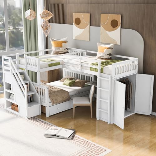 Harper & Bright Designs L-Shape Triple Bunk Beds with Stairs, Desk,Wardrobe, Wood Twin-Over-Full Bunk Bed with Storage, Shelves and Drawers, 3 Beds Bunk Bed with Staircase for Kids Teens, Espresso