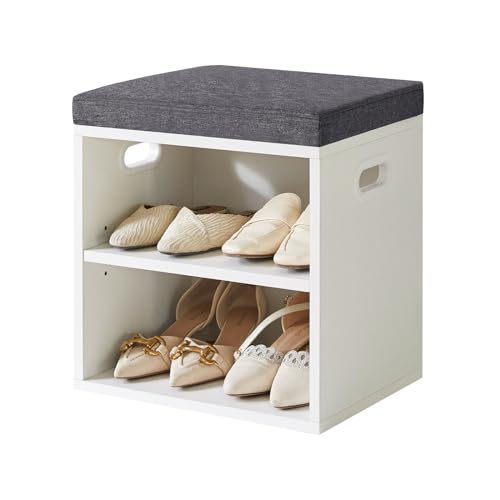 YMYNY Shoe Storage Bench with Cushion, 2 Tier Shoe Rack with Padded Seat, Adjustable Shoe Organizer Cabinet for Entryway, Living Room, Hallway, Closet, Bedroom, 15.4L*11W*16.54H, White, UHBD028W