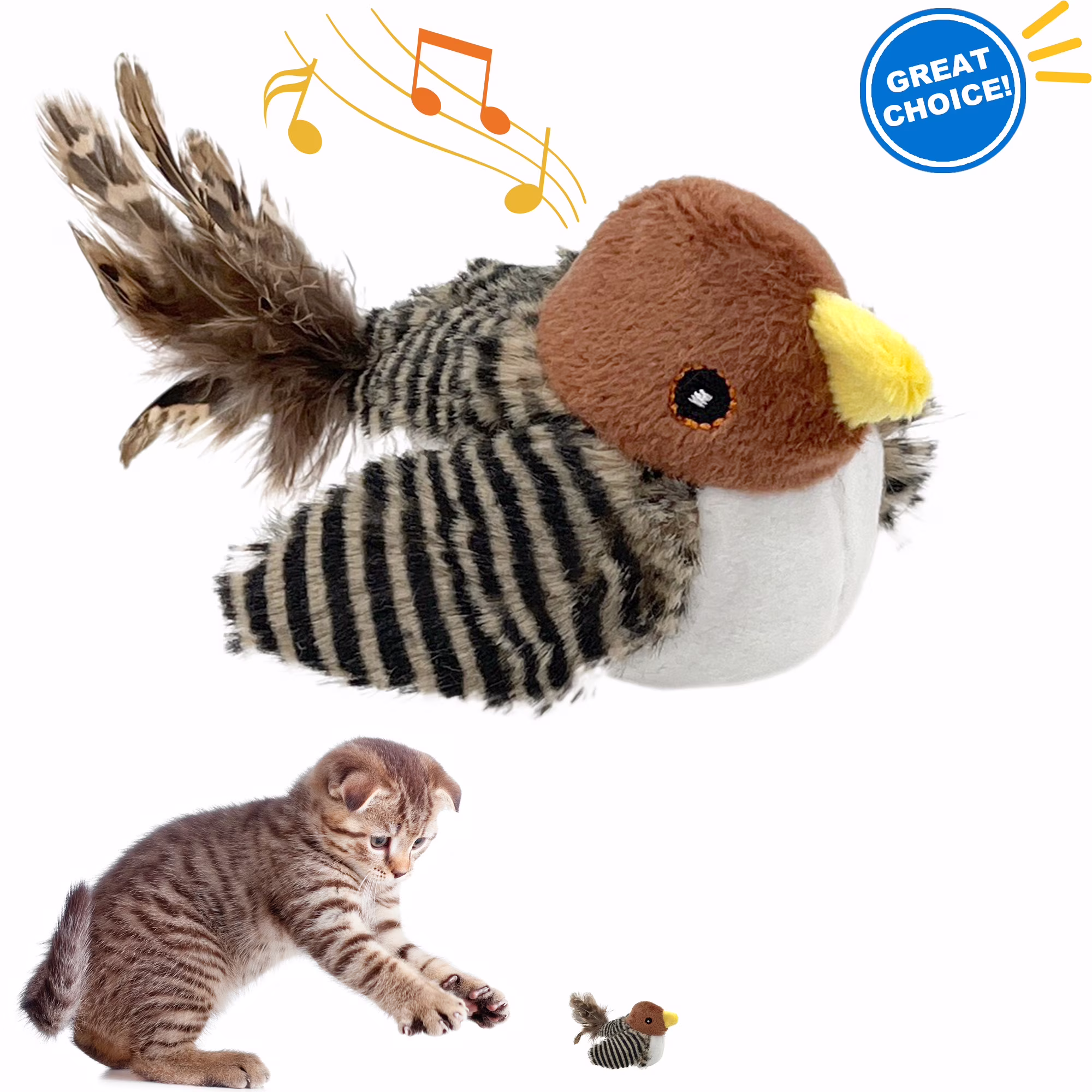 Furrygo Interactive Electronic Cat Toy, Chirping Bird Sounds, Feather Tail, Indoor Cat Prey Simulation