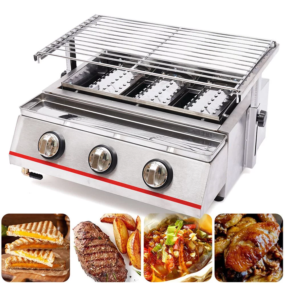 YIYIBYUS Portable Gas Grill 3-Burner Outdoor BBQ Infrared Cooker Smokeless Gas LPG Grill Camping Picnic Traveling