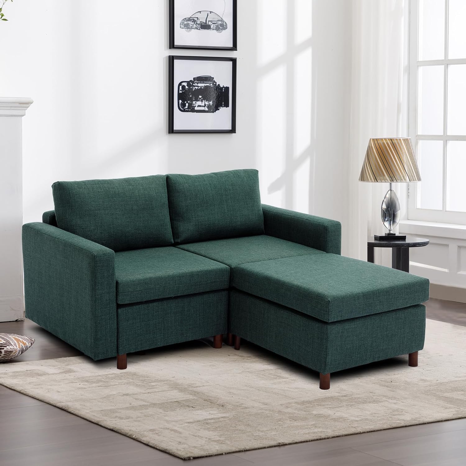 Modular Combo Oversized Sectional Sofa Couch, Modern Wide Arm Loveseat with Ottoman, Comfy Deep 2 Seat for Living Room, Bedroom, Apartment, B-Green