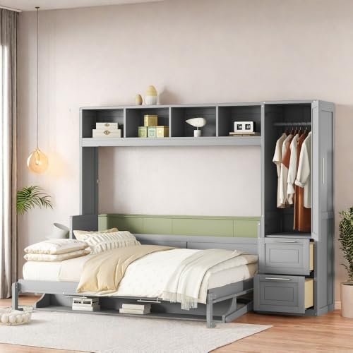 SOFTSEA Queen Size Horizontal Murphy Bed, Queen Murphy Bed with Desk Wardrobe Storage Shelf, Queen Hideaway Wall Bed with Drawers Space-Saving for Guest Room Bedroom or Office, Gray