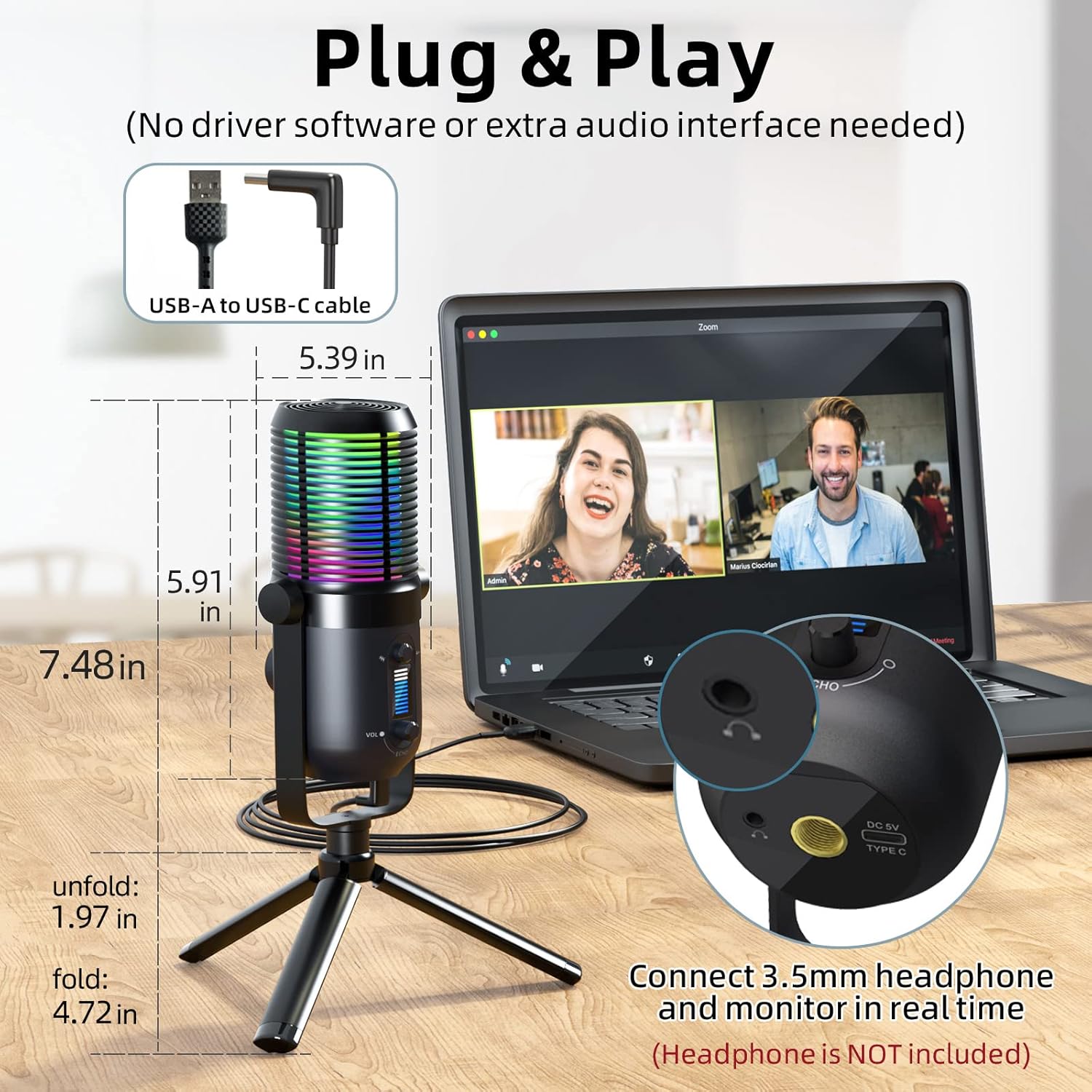 USB Microphone for PC, RGB Gaming Desktop Microphone Condenser Mic with Tripod Stand for Streaming, Studio Recording, Podcast, Computer Cardioid Condenser mic Compatible with Flexible Boom Arm Stand… Pack of 2