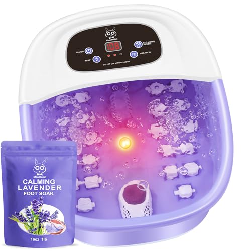 Foot Spa Bath Massager with Heat Bubbles and Vibration Massage and Jets, 16 OZ Calming Lavender Foot Soak Epsom Salt, Foot Soaker with Red Light, 22 Massage Rollers, Adjustable Temp - Blue