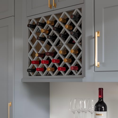 Solid Wood RTA Wine Bottle Rack Wall Cabinet with Lattice Panels - Wine Bottle Holder Storage for Bar, Pantry, or Wine Cellar - Mocha finish Countertop Solution(Gray, 24”W × 12”D × 30”H)