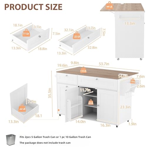 Kitchen Island with Storage, Kitchen Islands on Wheels with Drop Leaf&Power Outlet, Large Rolling Kitchen Island with Trash Can Storage, Mobile Kitchen Carts with Drawers,Spice Rack,Towel Rack (White)