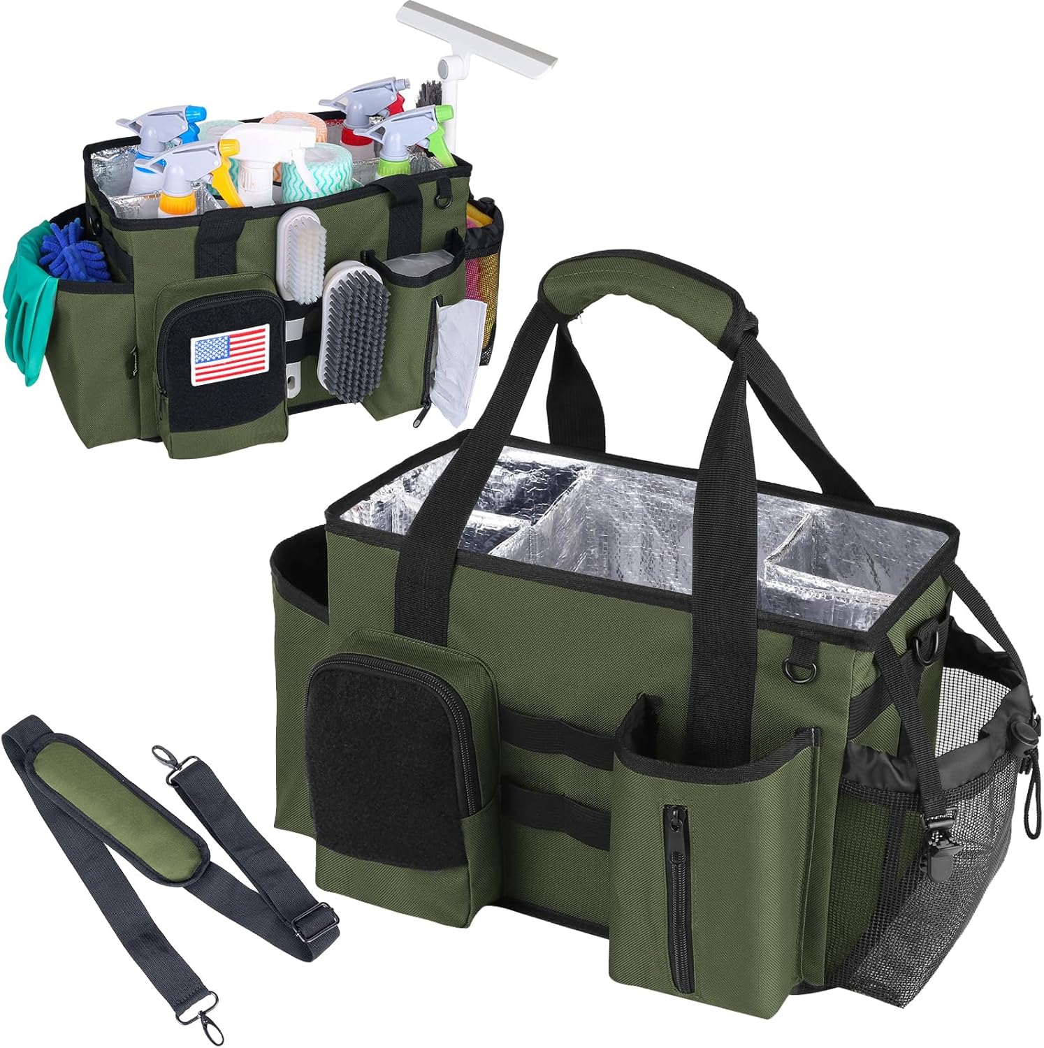 Wearable Cleaning Caddy Bag, Cleaning Organizer with Handles, Cleaning Supply Tote with Adjustable Shoulder Strap for Cleaners & Housekeeper (Green, 13.4'' x 7.3'' x 9.3'')