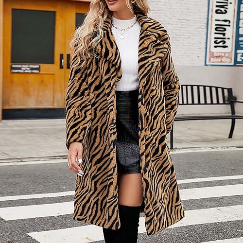 Womens Winter Coats Leopard Print Fleece Cardigan Faux Fur Long Jacket Retro Lapel Warm Overcoat Plus Size Trench Coat